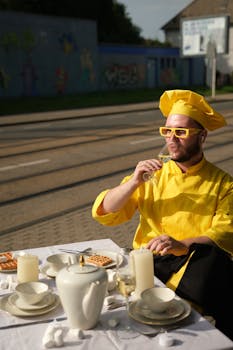 Chef in a yellow uniform sipping champagne at a table set outside on a sunny day.