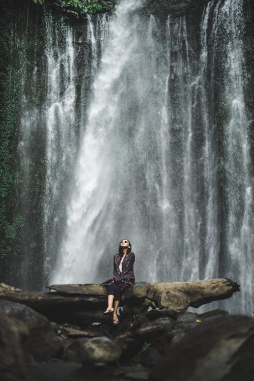 Femme Assise Tronc D'arbre Tombé Devant Une Cascades