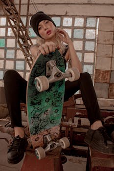 A fashionable woman with a skateboard sits confidently indoors, showcasing urban style.