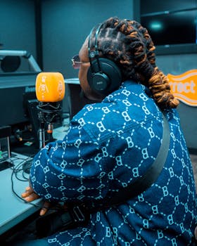 Person wearing headphones speaking into a studio microphone.