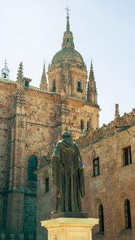 Statue of Fray Luis de León in front of Salamanca Cathedral's Gothic architecture.