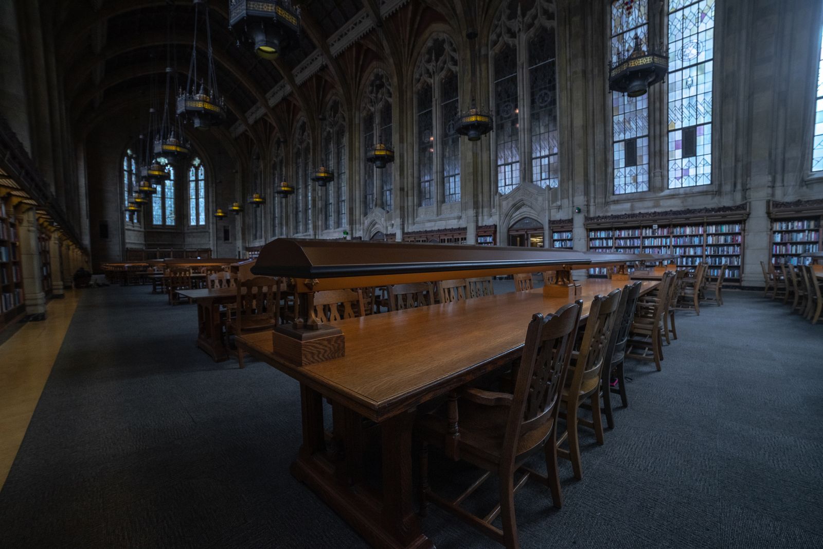 Historic reading room with long wooden tables