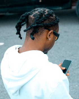 Young man with braided hair checks his smartphone while sitting outdoors.