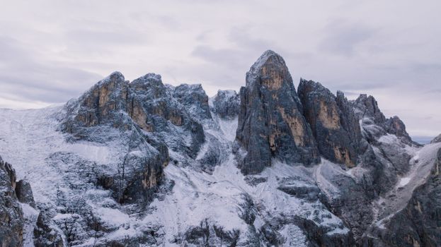 A stunning view of the snow-covered Dolomites in San Martino di Castrozza, Italy.
