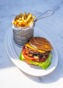 Savour this gourmet beef burger with melted cheese and crispy fries, perfect for outdoor dining.
