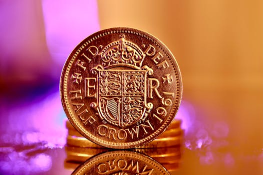 Detailed close-up of a vintage 1961 half crown coin with golden tones and purple bokeh background.