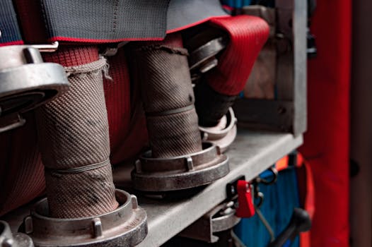 Close-up view of fire hoses coiled on a truck shelf, highlighting firefighting equipment.