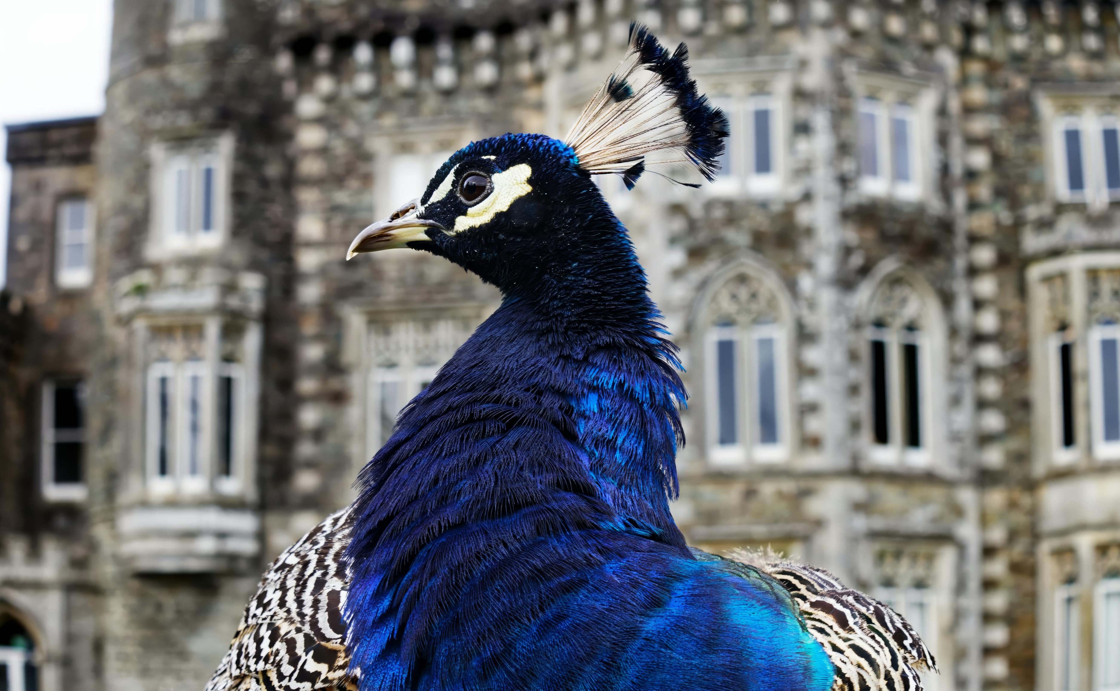 Close-up of a vibrant peacock at Johnstown Castle, showcasing its stunning blue feathers.