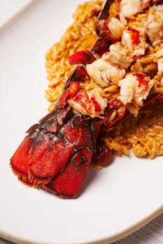 Delicious cooked lobster tail served on a bed of creamy orzo, perfect for a gourmet meal.