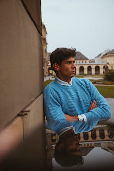 Young man in blue sweater poses against Munich's historic architecture, reflecting urban style.