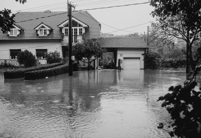 Flooded suburban house surrounded by high water