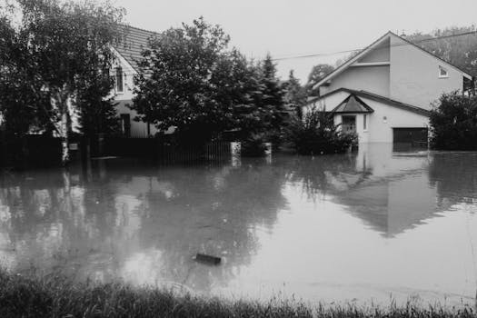 Black and white photo of suburban street flooded, houses submerged in water.