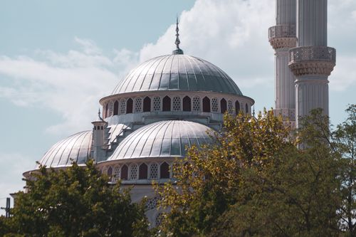 Free Stunning view of mosque domes and minaret framed by tree foliage under a clear sky. Stock Photo
