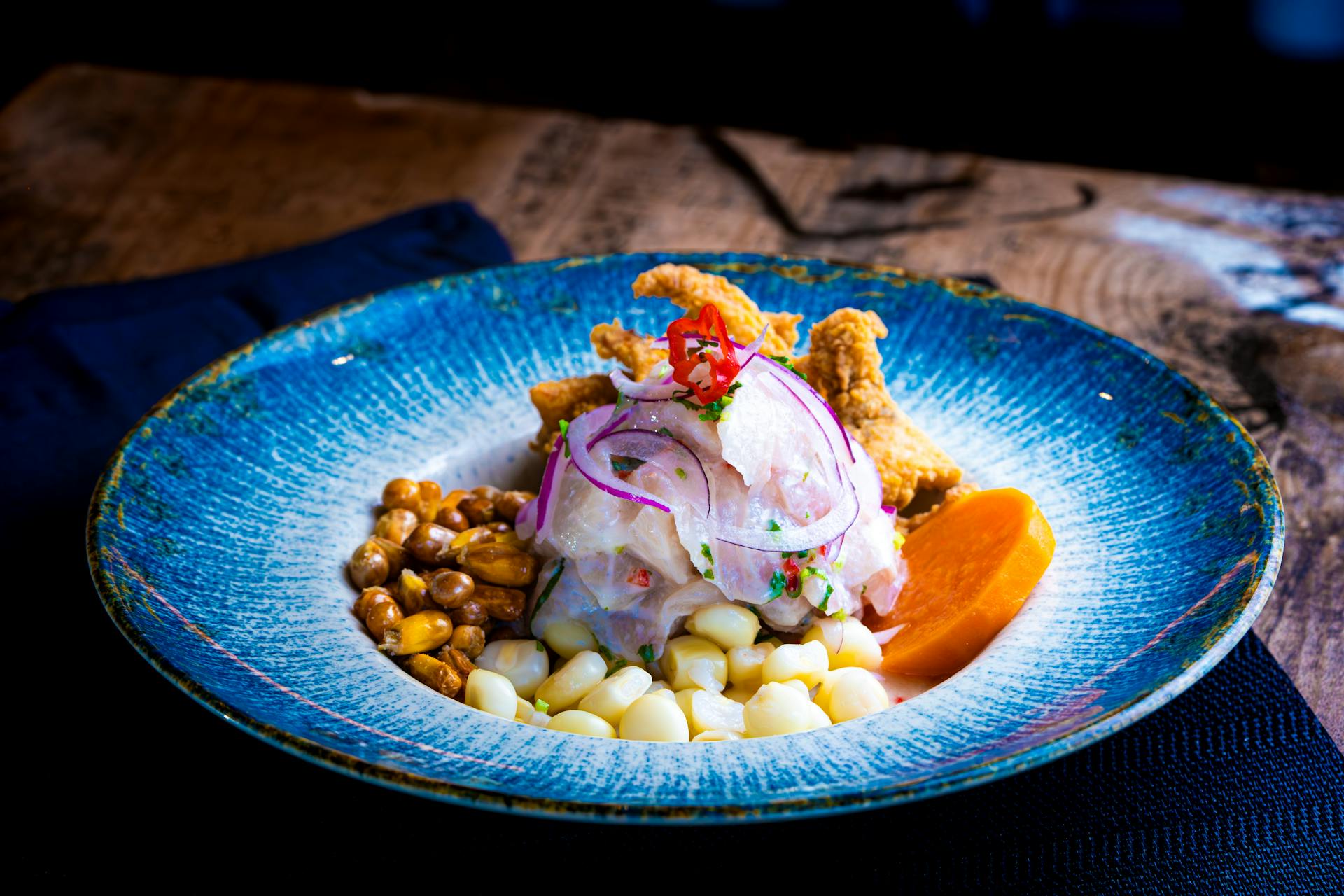 Delicious Peruvian Ceviche on Rustic Table