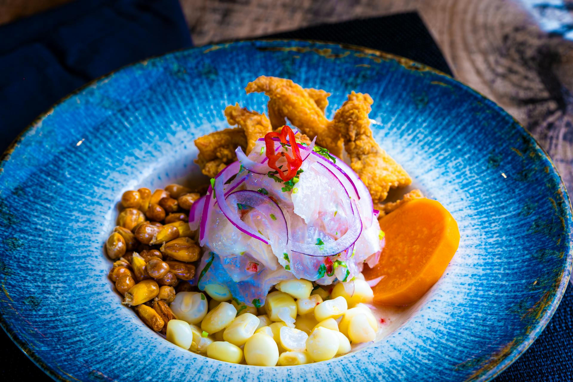 Traditional Peruvian Ceviche with Corn and Sweet Potatoes