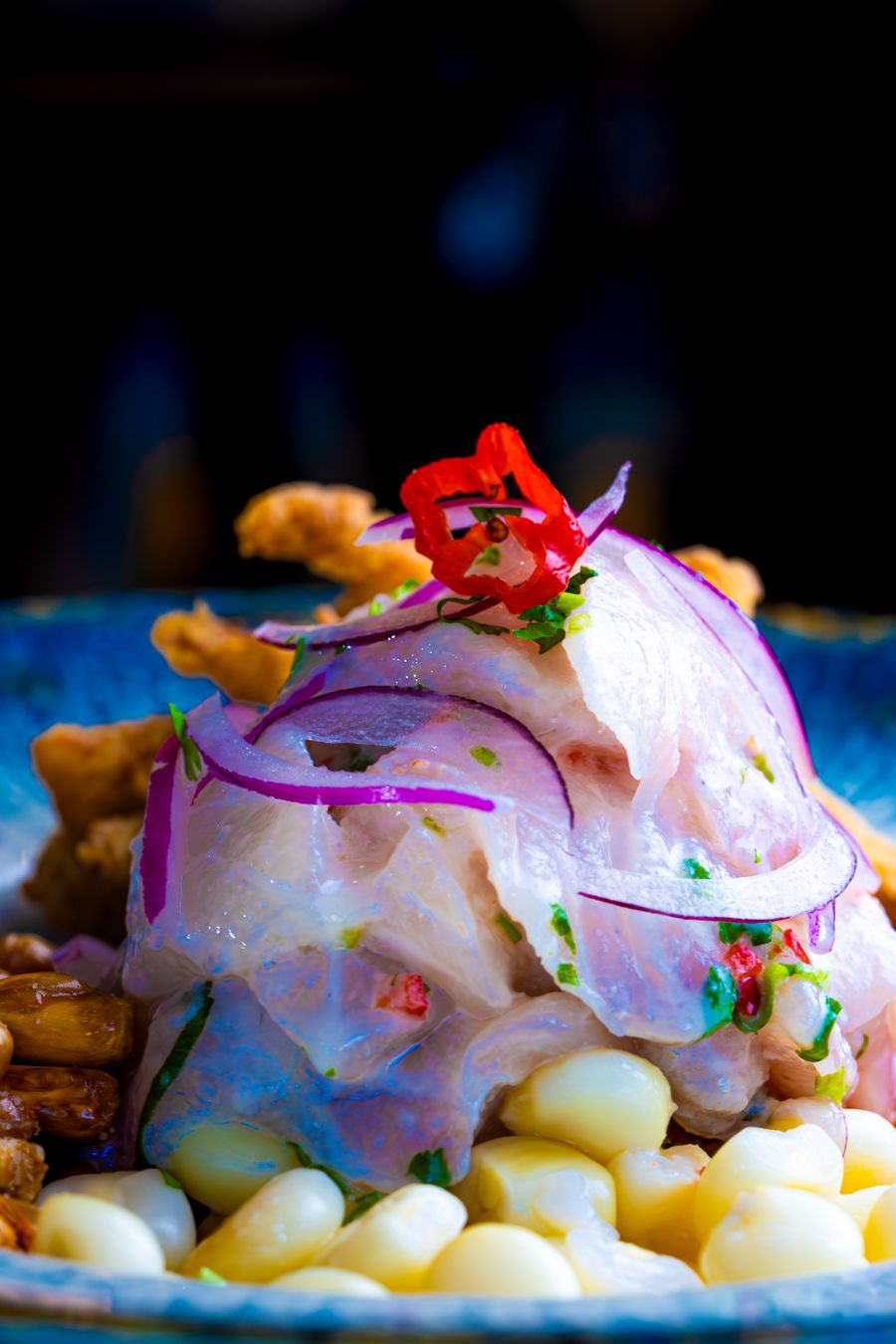 Ceviche mixto en leche de tigre de aji amarillo con camote y choclo