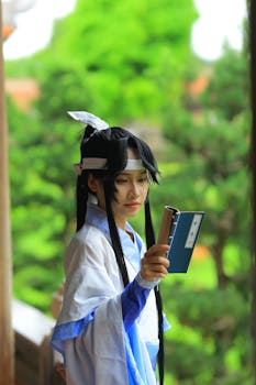 Person in traditional Asian attire reading a book and holding a scroll, outdoors.