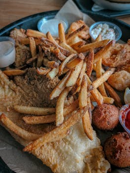 A mouth-watering platter of southern fried fish with crispy fries and dipping sauces.