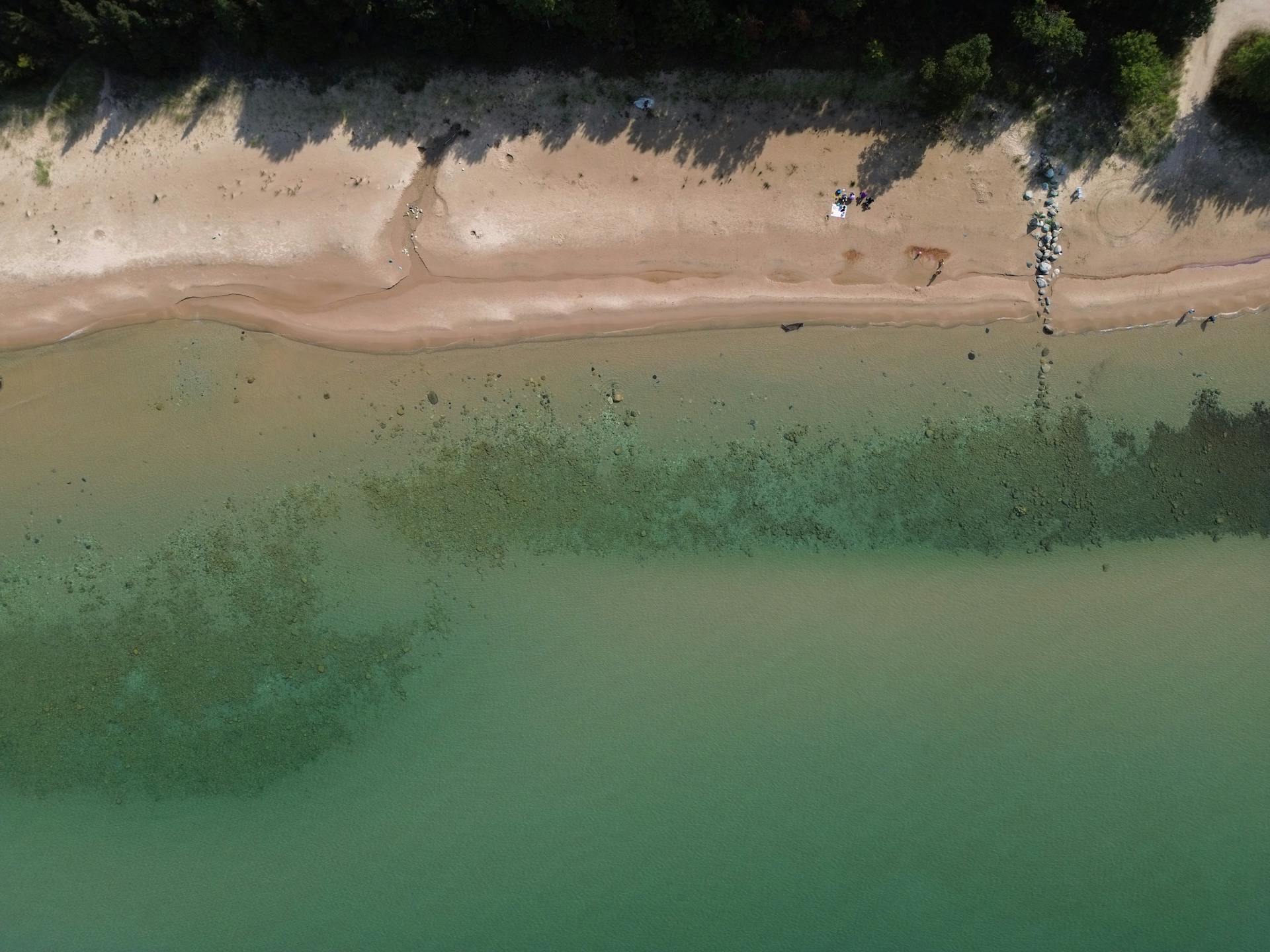 Drone captures sandy beach and clear water along the scenic Lake Michigan shoreline in Bliss, Michigan.