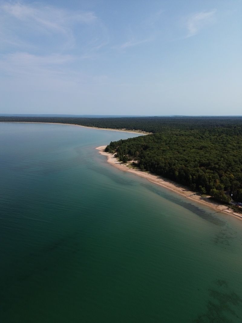 Aerial view of Lake Michigan shoreline and forested dunes