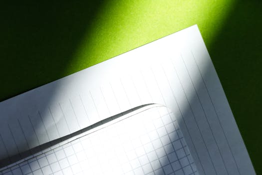 Close-up view of lined and graph paper sheets in bright sunlight casting shadows on a green surface.