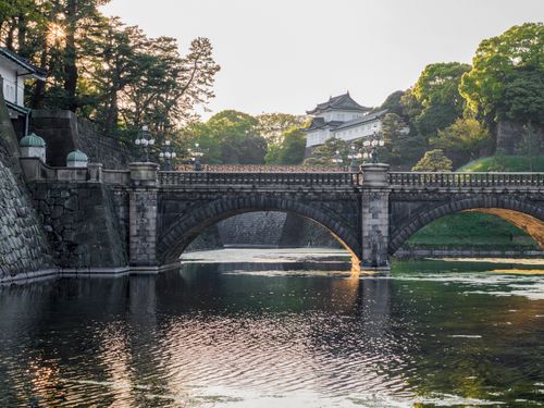 Free Scenic view of the Imperial Palace bridge in Tokyo, Japan surrounded by lush greenery. Stock Photo
