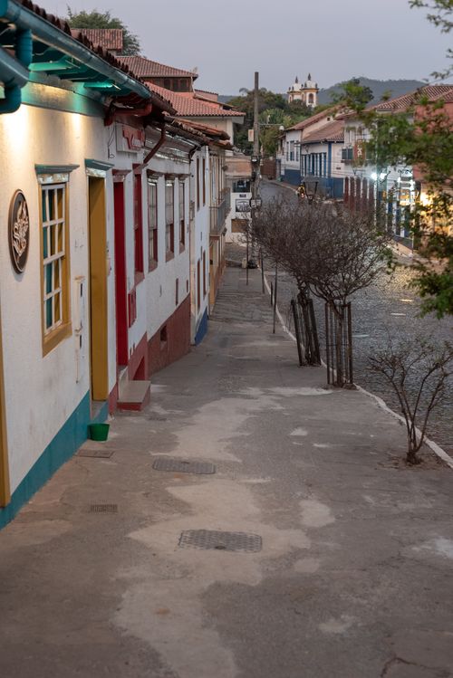 Free Picturesque view of historic street in Sabará, Brazil at dusk with colonial architecture. Stock Photo