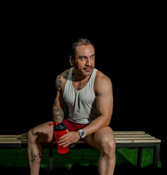 Portrait of a muscular man resting with a red shaker in a gym setting, showcasing fitness and strength.