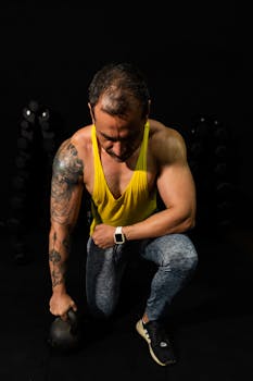 Tattooed man in gym gear working out with kettlebell in a fitness center.
