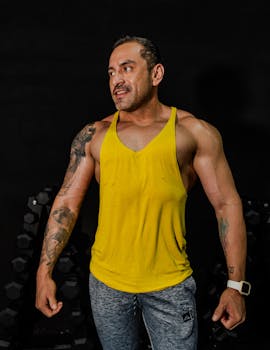 A muscular man in a yellow tank top with tattoos working out at the gym, focused and strong.