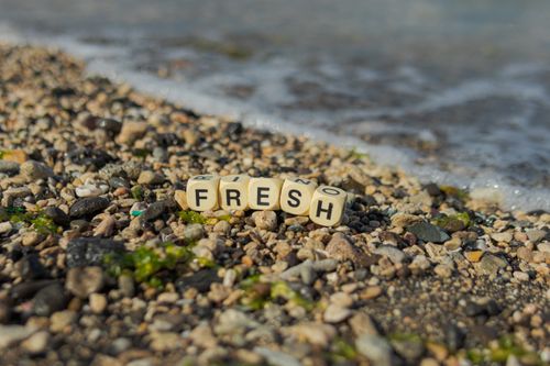 Free Focus on wooden letter blocks spelling 'FRESH' on a pebble beach shore with sea waves. Stock Photo