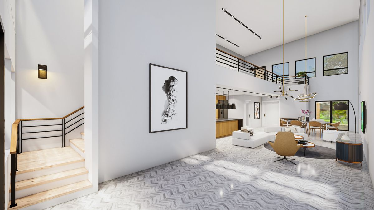 Bright contemporary living space with large windows