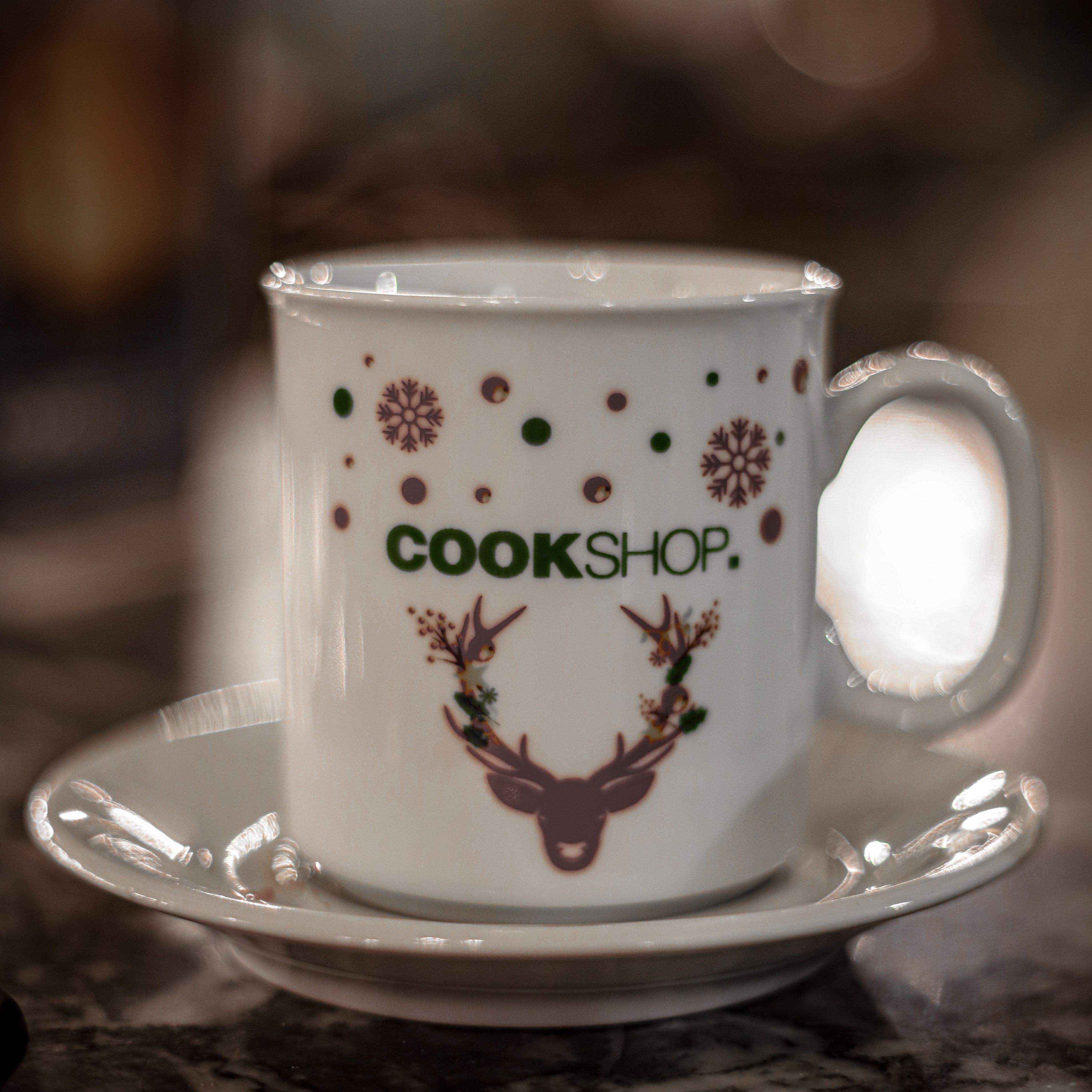 Festive CookShop Mug on Saucer