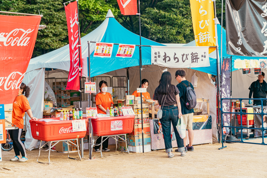 Cultural festival with vibrant food stalls and visitors browsing in a lively outdoor market.