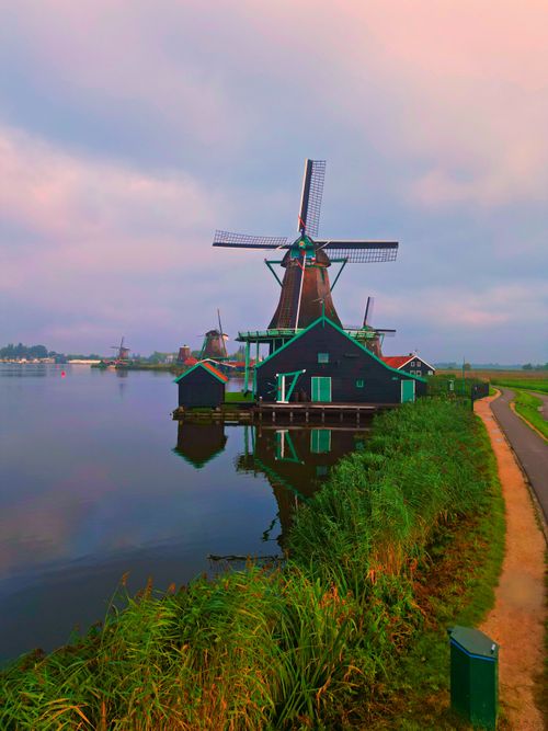 Free Scenic view of historic windmills reflecting in Zaanse Schans at dawn, Amsterdam. Stock Photo