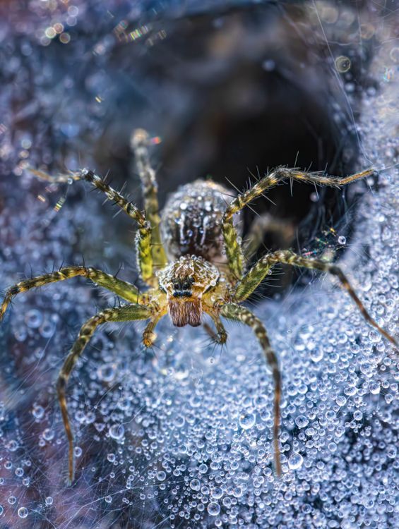 Close-up of Spider on Dew-Covered Web · Free Stock Photo