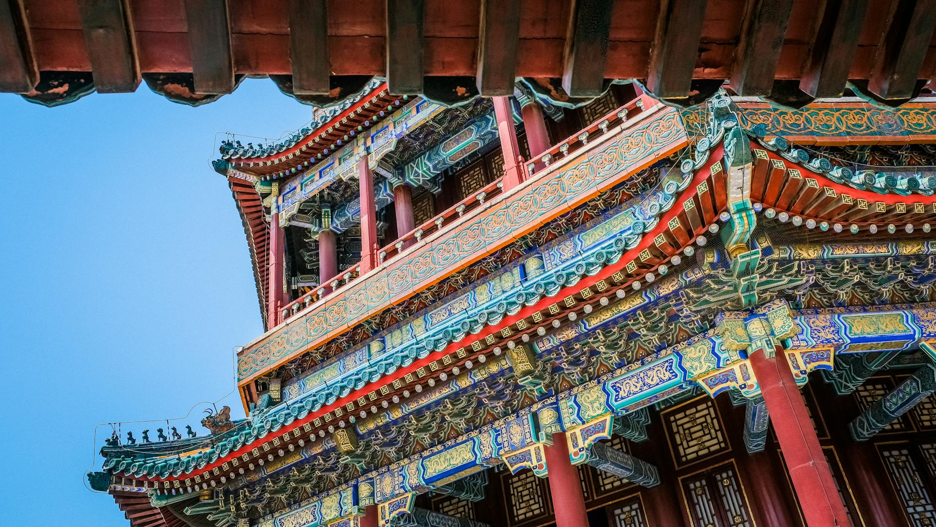 Chinese Ancient Architectural Design Of A Multicolored Temple