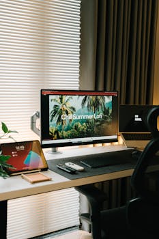 Stylish home office with dual monitors, tablet, and modern design elements.