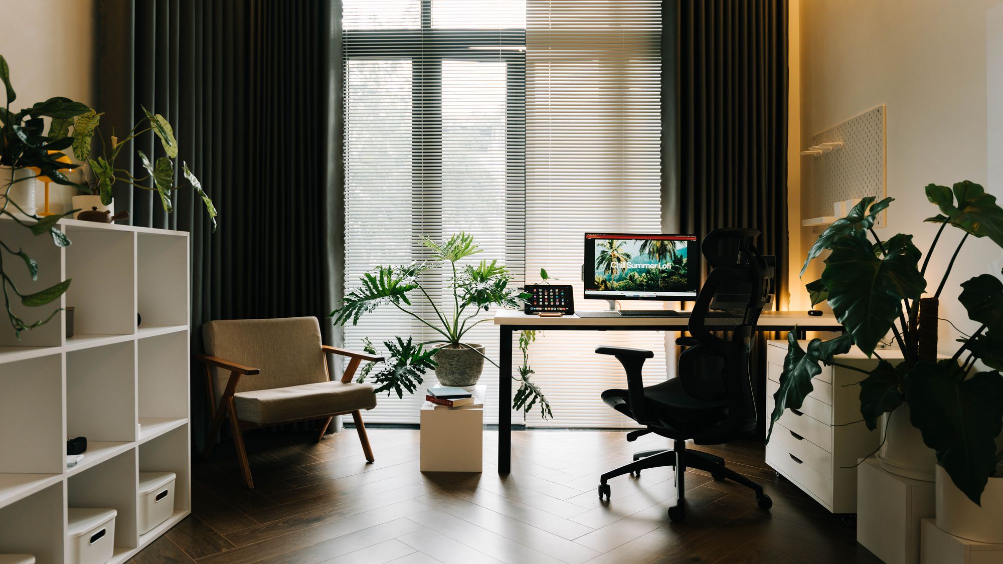 Modern office with wooden furniture and plants