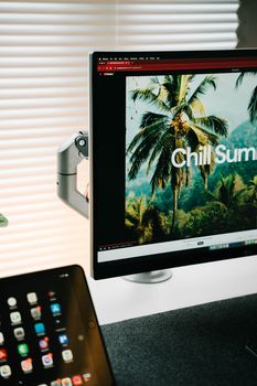 Trendy workspace with a monitor displaying tropical summer vibes, perfect for creative inspiration.
