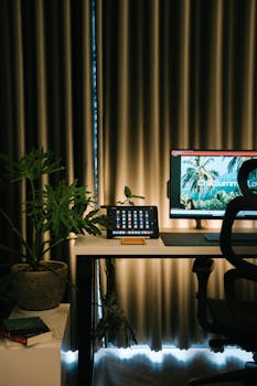 Warmly lit home office featuring a desk, computer, plants, and curtains.