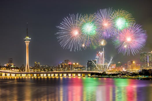 Fuochi D'artificio Colorati Sullo Skyline Di Macao Di Notte