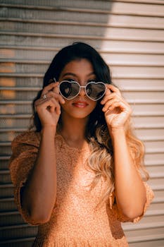 一位自信的女子戴着心形太阳镜，在户外享受夏日阳光，时尚感十足