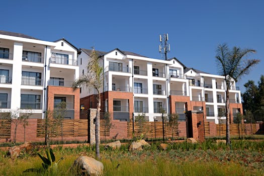 Contemporary apartment complex with garden, featuring white facade and red brick accents.