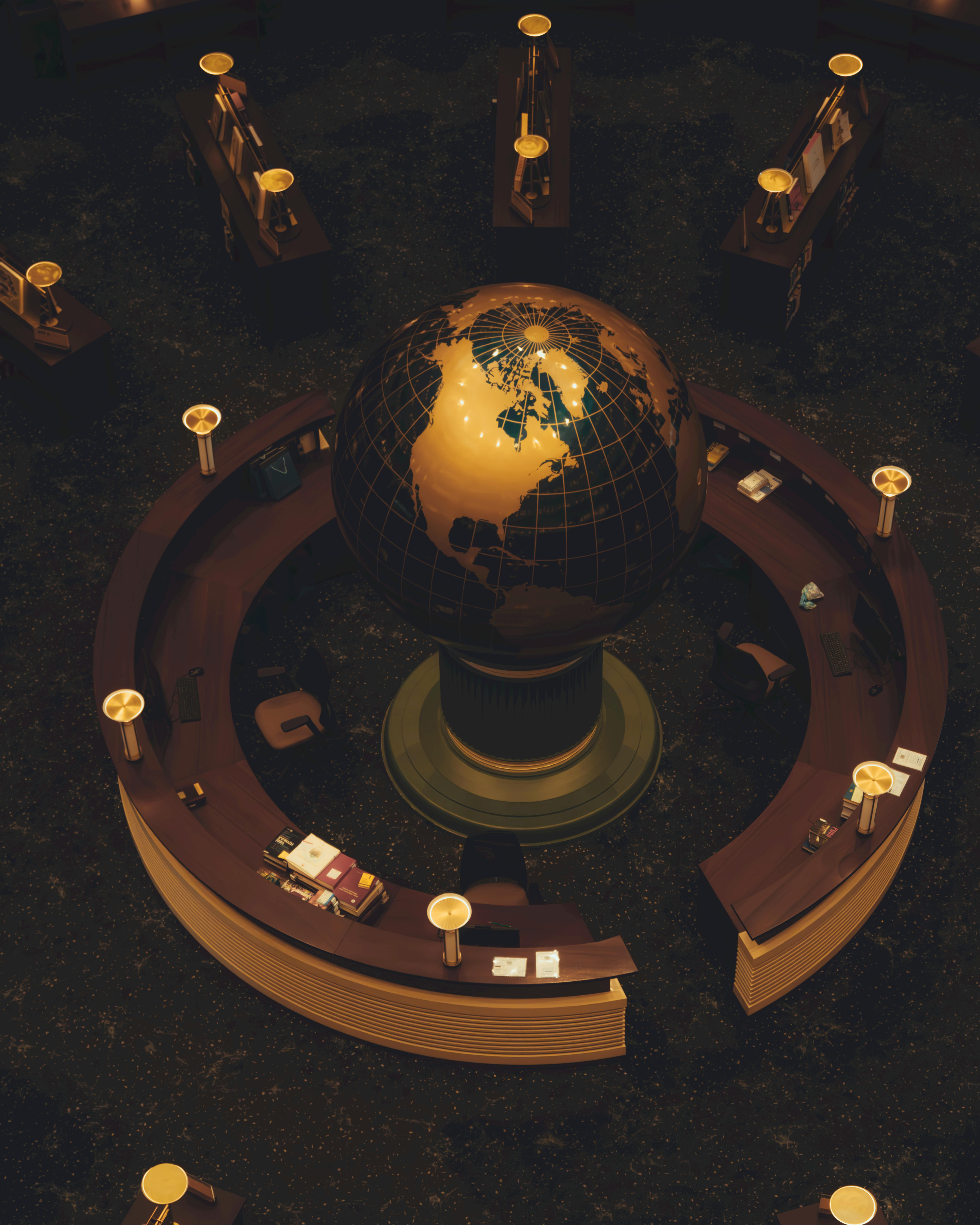 Free Aerial view of a glowing globe at a circular reception desk with ambient lighting. Stock Photo