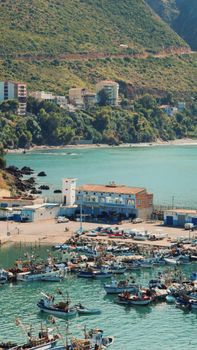 Picturesque coastal harbor with boats and hillside buildings, perfect for travel inspiration.