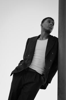 A stylish man in a suit and tank top leans against a pole in this monochrome urban fashion portrait.