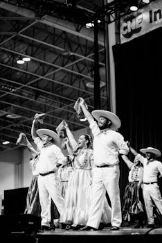 一群精力充沛的人穿着节日服装在室内表演传统的墨西哥舞蹈