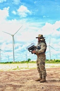 A drone operator in camouflage stands in a wind farm, highlighting renewable energy.