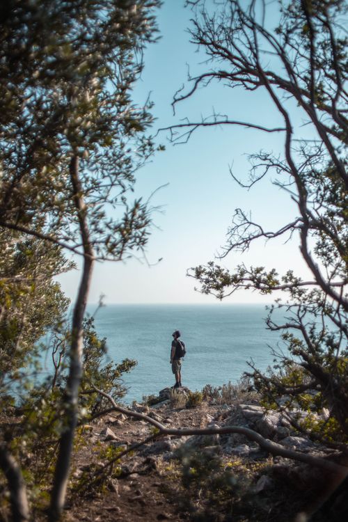Free A lone hiker stands on a rocky cliff overlooking the Aegean Sea in Turkey surrounded by lush foliage. Stock Photo